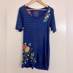Johnny Was JWLA Striped Embroidered V-Neck Tunic Dress Blue Black M